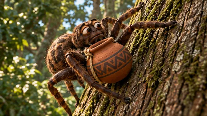 Ananse struggles up a tree with a pot in front while a child watches.